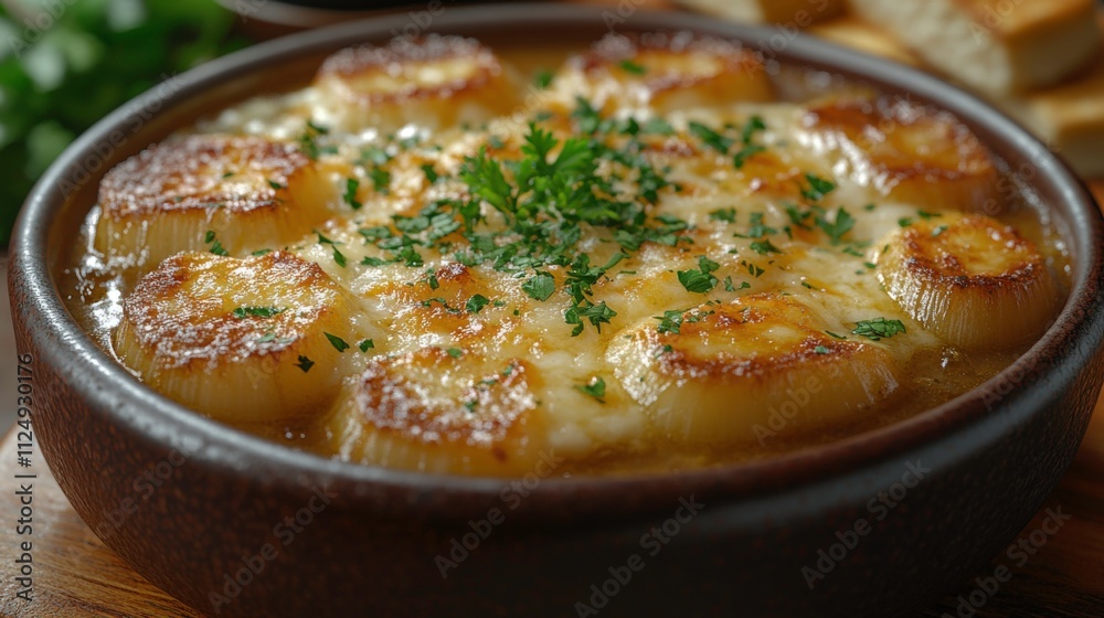 Steaming French Onion Soup with Miso Broth, Crispy Baguette, Melted Gruyère Cheese, and Fresh Thyme Garnish Steaming French Onion Soup with Miso Broth, Crispy Baguette, Melted Gruyère Cheese, and Fresh Thyme Garnish