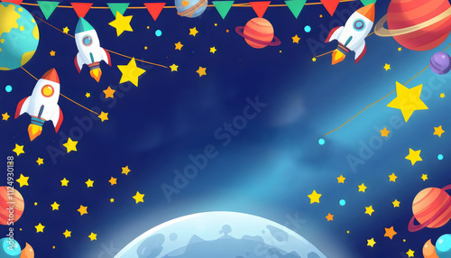 playful rockets, twinkling stars, and colorful planets