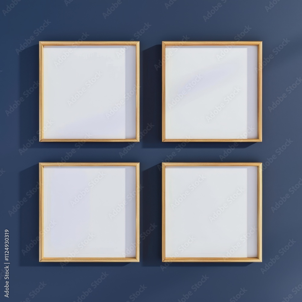 Four empty square picture frames with wooden frames on a blue wall Four empty square picture frames with wooden frames on a blue wall