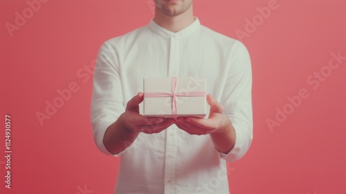 Blurred man wearing white shirt holding a small cozy tender white gift box with pink ribbon on pink background