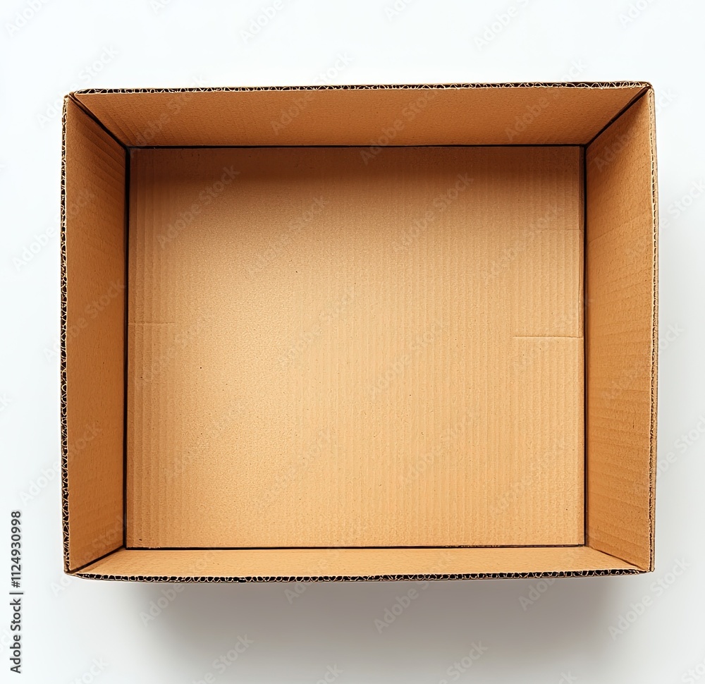 Fototapeta premium Top view of an empty cardboard box on white background