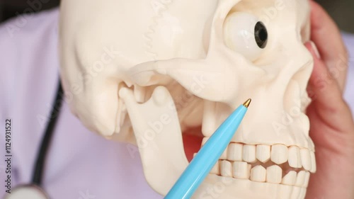 Doctor hand holding simple human skull model and pointing zygomatic bone with a pen close up