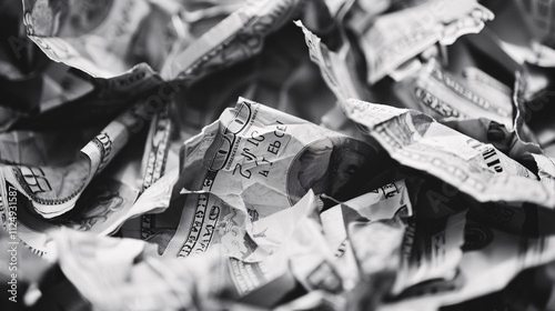Closeup view of crumpled discarded paper documents and office waste scattered on a desk or table in a messy disorganized environment  Concept of clutter waste