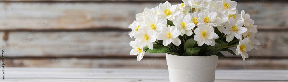 A white flower arrangement in a simple pot against a rustic wooden background, creating a fresh and tranquil ambiance. A white flower arrangement in a simple pot against a rustic wooden background, creating a fresh and tranquil ambiance.