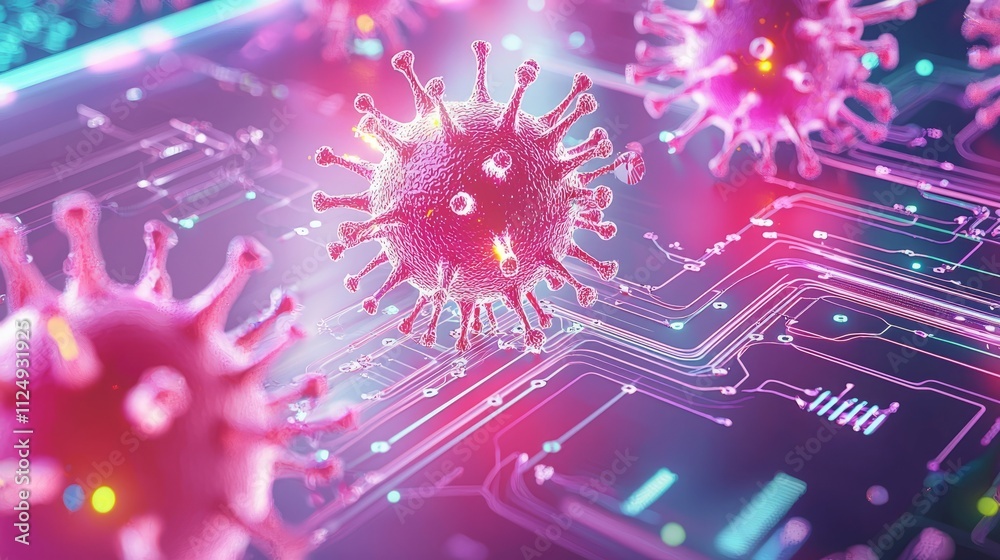 Fototapeta premium A vibrant digital representation of viruses interacting with a high-tech background, symbolizing the intersection of biology and technology.