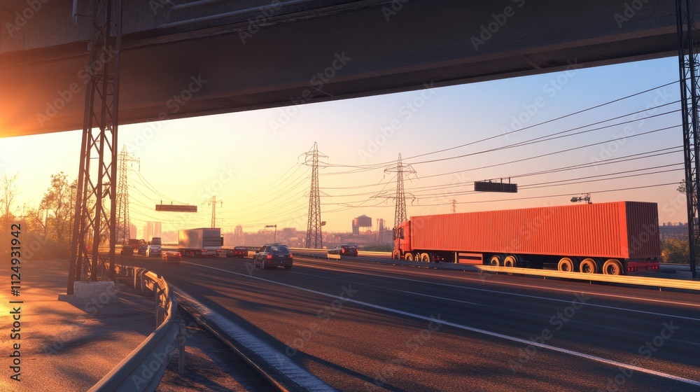 Lorry Overtaking Cars on Urban Expressway at Evening Lorry Overtaking Cars on Urban Expressway at Evening