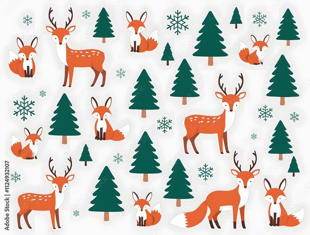 Naklejka premium Winter Wonderland: Adorable Foxes and Reindeer in a Festive Forest Scene
