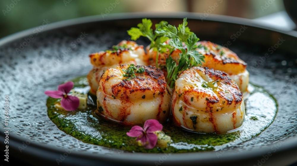 Lobster Ravioli in Velvety Green Curry Sauce with Toasted Sesame Seeds and Coconut Cream Drizzle, a Photorealistic Culinary Delight Lobster Ravioli in Velvety Green Curry Sauce with Toasted Sesame Seeds and Coconut Cream Drizzle, a Photorealistic Culinary Delight