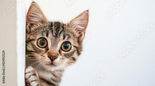 Curious cat peeking around corner indoor home setting animal photography cozy environment close-up view whimsical concept