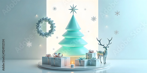 Modern Futuristic Christmas Decoration with Turquoise Blue Tree, Reindeer and Gifts in Minimalist Metallic Style. Christmas and end of year sales concept.