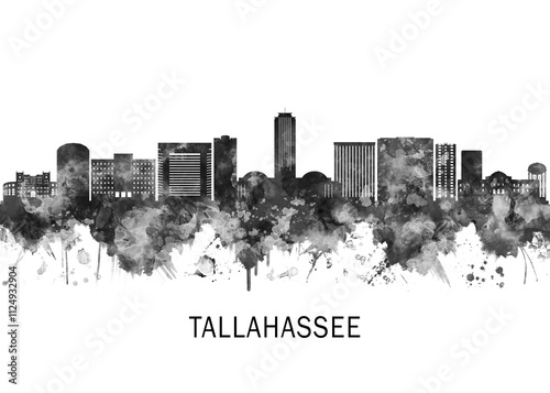 Obraz na płótnie Tallahassee Florida Skyline BW, landscape watercolor abstract painting print poster Heilongjiang travel illustration urban art modern downtown landmarks w salonie