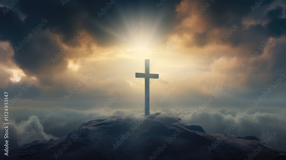 Resurrection - Light Cross Shape In Clouds - Risen - Jesus Ascends to Heaven Scene Resurrection - Light Cross Shape In Clouds - Risen - Jesus Ascends to Heaven Scene