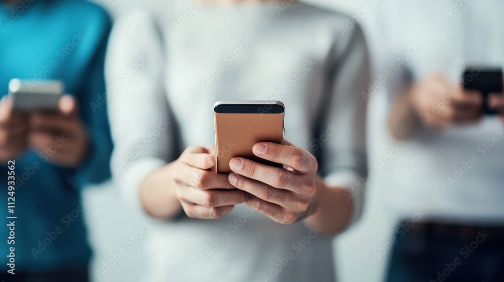 Three individuals are holding smartphones, focused on their devices, suggesting a modern lifestyle dominated by technology and connectivity. Three individuals are holding smartphones, focused on their devices, suggesting a modern lifestyle dominated by technology and connectivity.