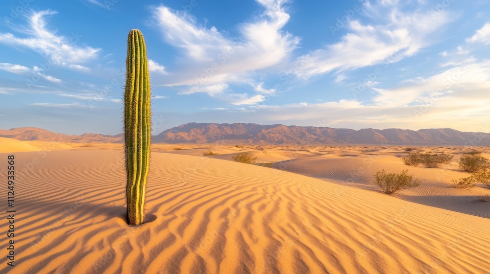 Naklejka premium Desert landscape featuring a lone cactus dunes in the background nature photography arid environment wide angle serenity concept