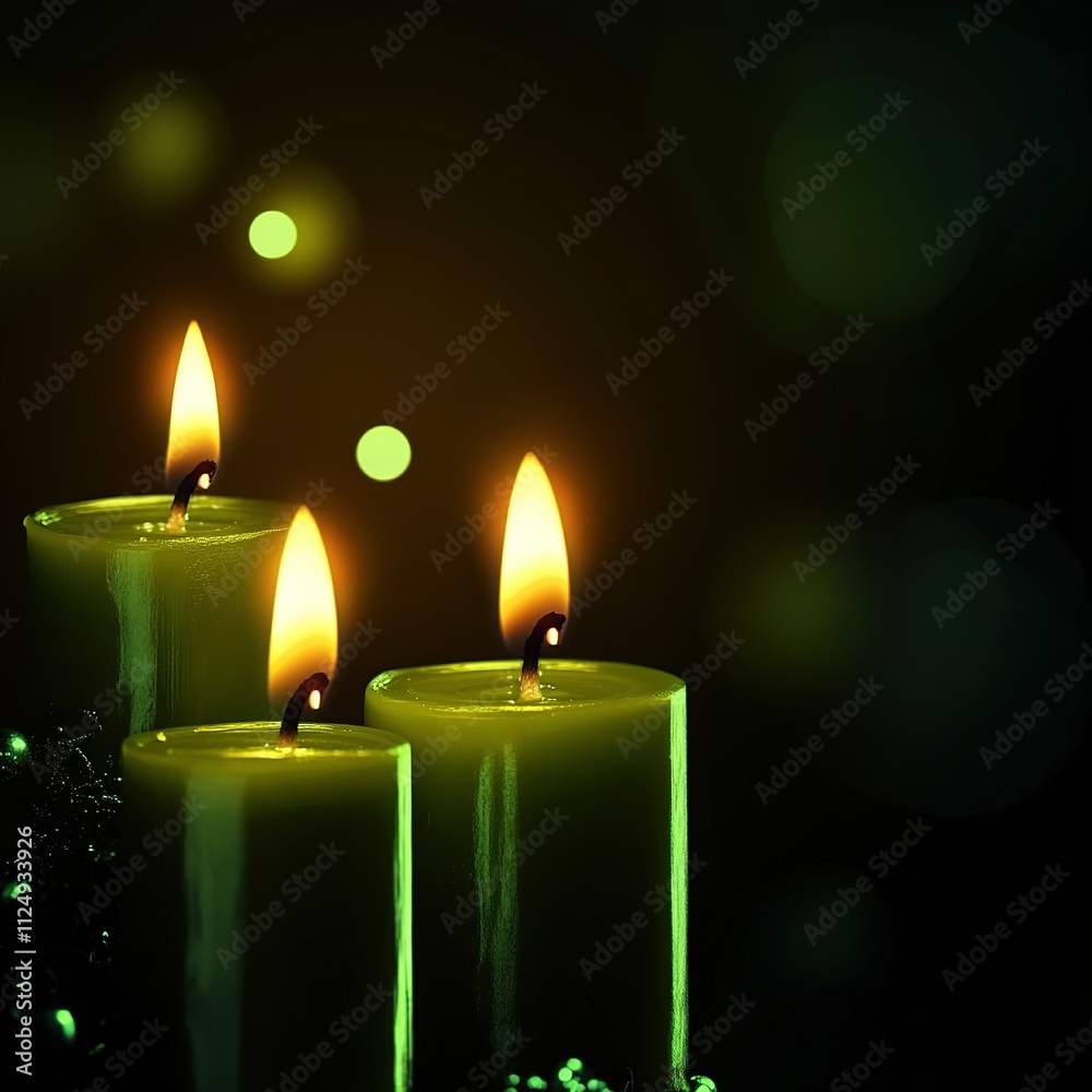 Green advent candles burning in the dark with glow in the flames and abstract defocused lights. Candle of goodness, prosperity, nature and balance. Green advent candles burning in the dark with glow in the flames and abstract defocused lights. Candle of goodness, prosperity, nature and balance.