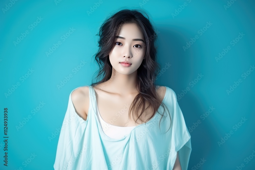 Confident Woman with Curly Hair on Blue Background