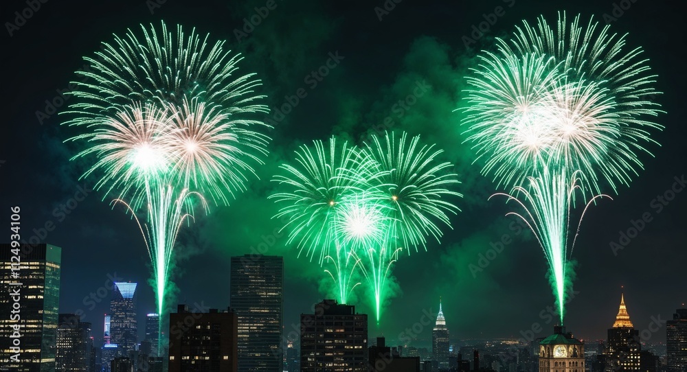 Using shimmering green auroras set against the dark urban sky creating ethereal magical girlinspired New Years fireworks effects Using shimmering green auroras set against the dark urban sky creating ethereal magical girlinspired New Years fireworks effects