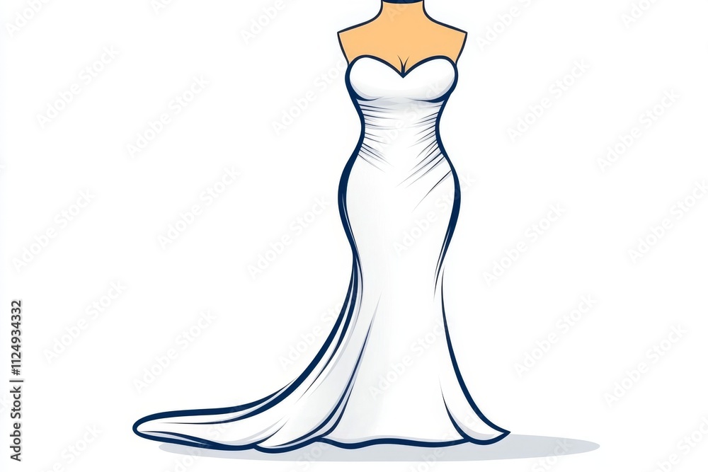 A clean flat vector of a wedding dress with a long train, drawn with simple lines and subtle shading on a crisp white canvas A clean flat vector of a wedding dress with a long train, drawn with simple lines and subtle shading on a crisp white canvas