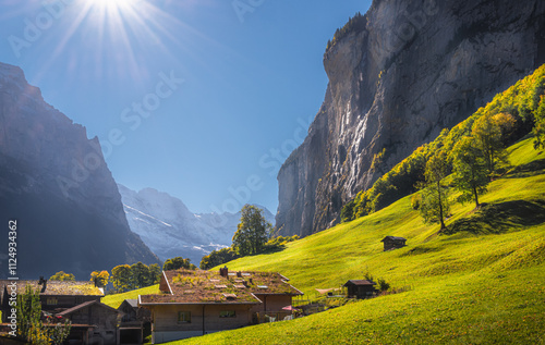 Sunny autumn day in the Lauterbrunnen valley photo