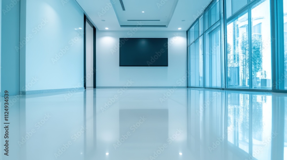 Modern Empty Room with Large Wall Television and Glossy Floor Finish