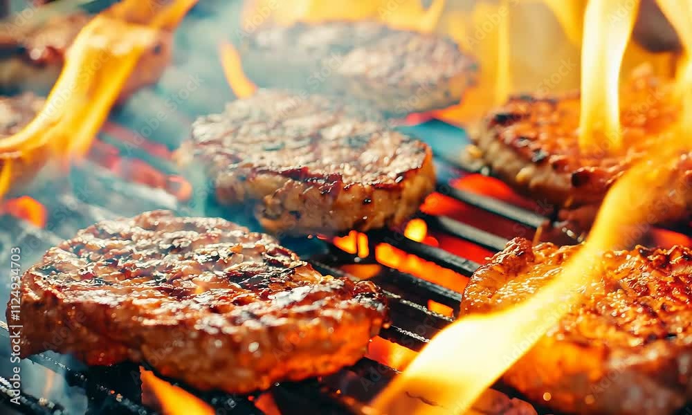 Juicy grilled steaks sizzling over open flames, creating an enticing and smoky atmosphere.