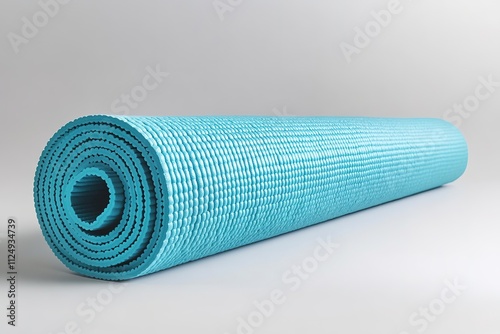 Rolled blue yoga mat on white background with shadow