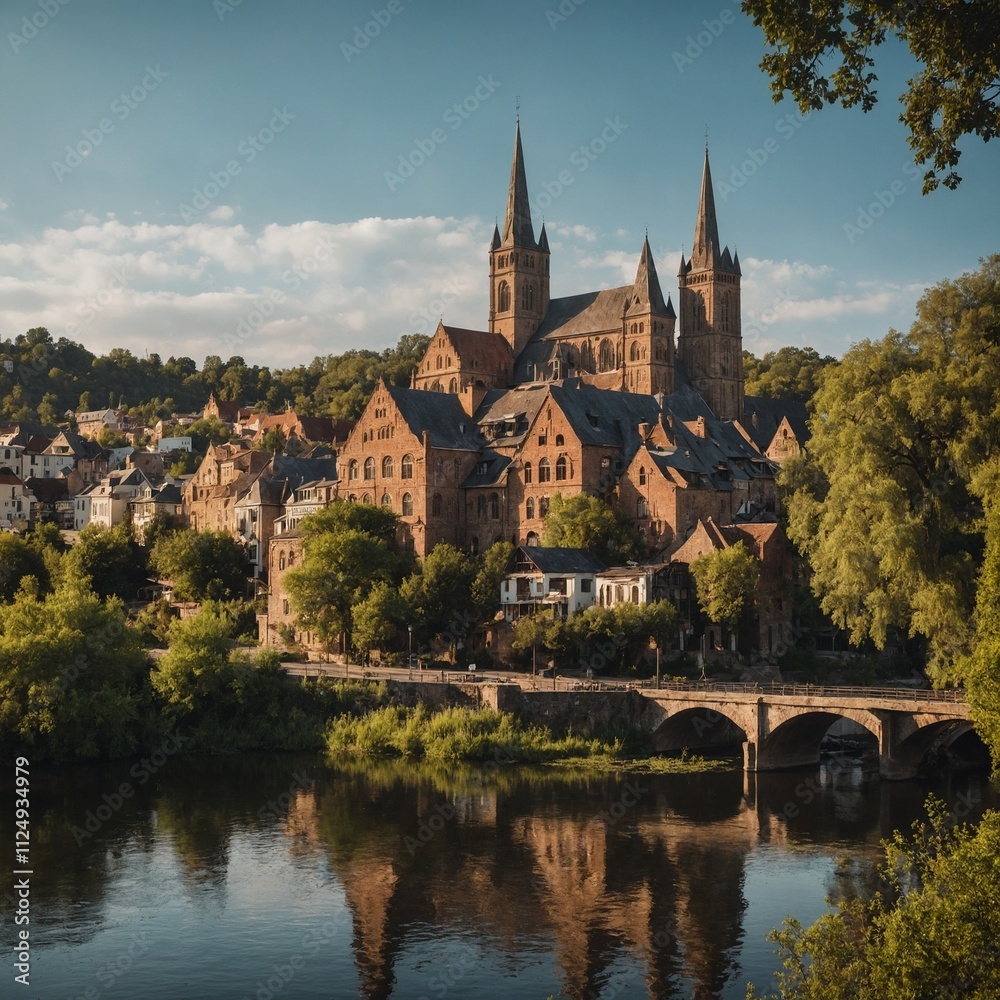 A charming riverside town with historic architecture. A charming riverside town with historic architecture.