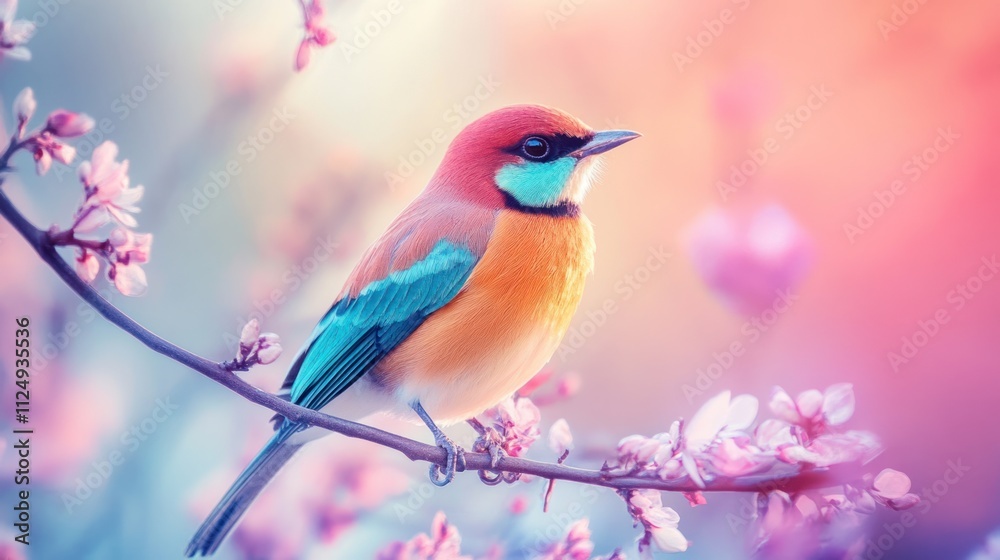Colorful bird perched on a blossoming branch. Colorful bird perched on a blossoming branch.