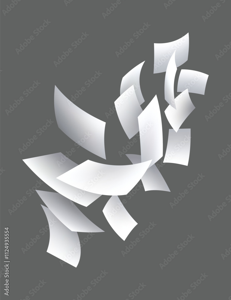 Falling paper sheets. Set of flying curved leaves of paper. Vector loose soar of notes with curled edges. Fly scattered notes, empty chaotic paperwork