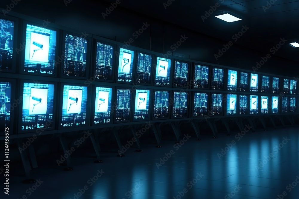 Row of glowing monitors in dark, cyber data center, futuristic tech Row of glowing monitors in dark, cyber data center, futuristic tech