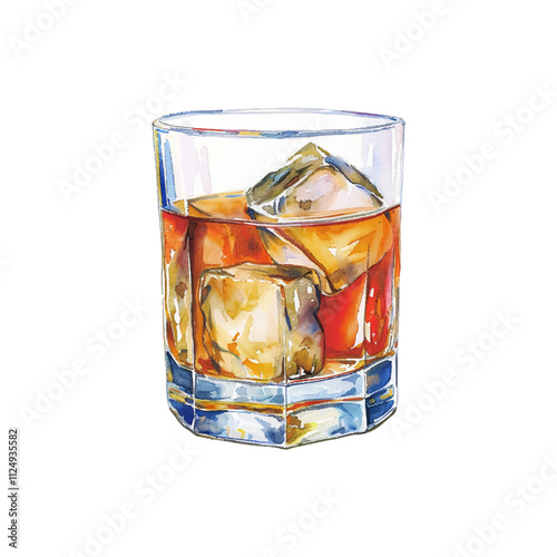 whiskey on the rocks vector illustration in watercolor style