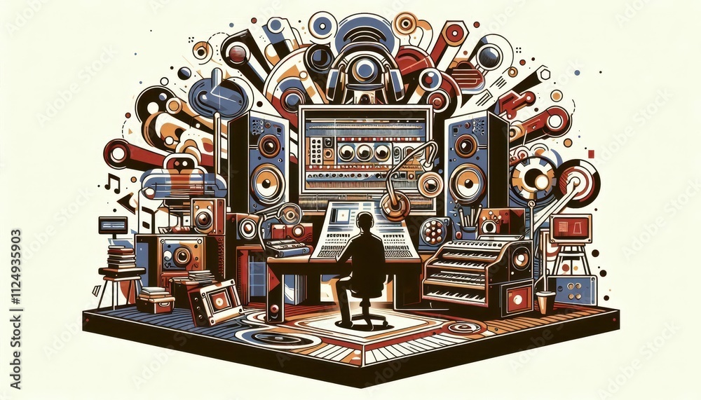 Fototapeta premium musician playing synthesizers in recording studio abstract illustration music creation content created with generative AI software