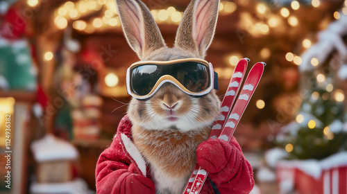 Lustige Weihnachtskarte Motiv Weihnachten mit Tier Skibrille Eisbär, Fuchs, Rehntier, Elch, Pinguin cool mit Platz für Text isoliert Generative AI