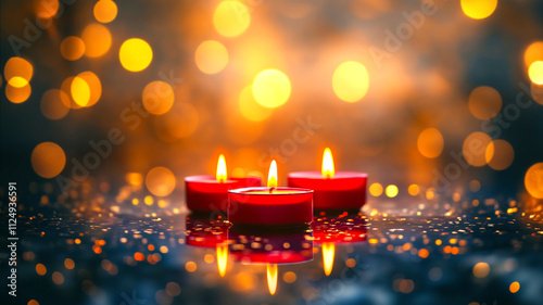 Three red tealight candles burning brightly against festive golden bokeh background. Perfect for Christmas, celebrations, holidays, romance, spirituality, tranquil and cozy atmosphere design