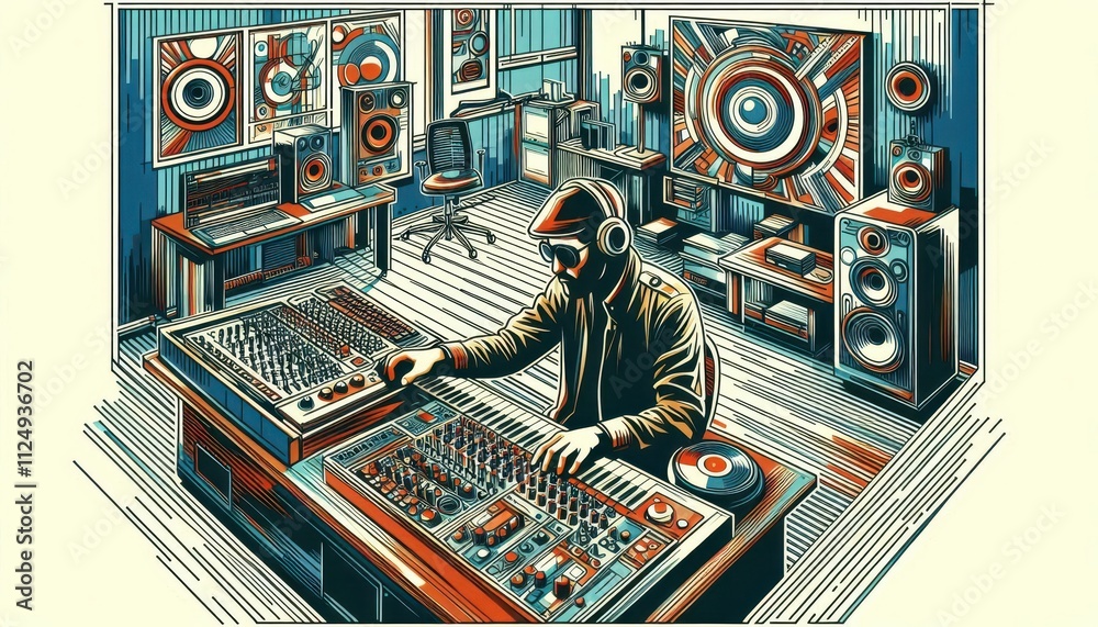 Fototapeta premium musician playing synthesizers in recording studio abstract illustration music creation content created with generative AI software