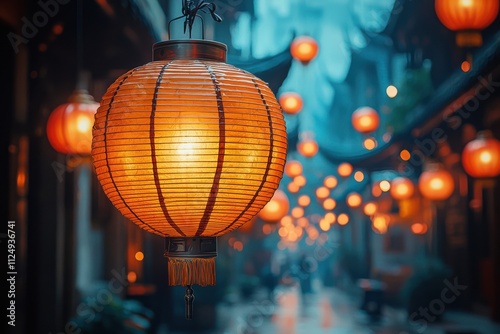 Warm lanterns illuminate a historic street during a tranquil evening in a bustling cultural district. Generative AI