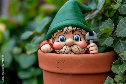 A detailed photo of a mischievous gnome peeking out of a flower pot, with a playful smile and tiny tools in hand photo