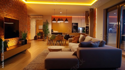 Modern apartment interior at night with warm lighting, brick wall, comfortable sofa, and open-plan kitchen.