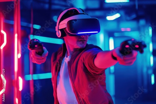 A gamer immersed in a virtual reality gaming session with motion controllers in a futuristic gaming room, VR gaming immersion theme, Dynamic style photo