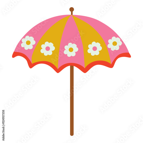 beach umbrella with alternating pink and yellow panels, decorated with white flowers, and a wooden pole, evoking a summery vibe.