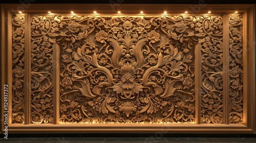 Decorative wooden wall featuring intricate carvings and backlighting for a luxurious look