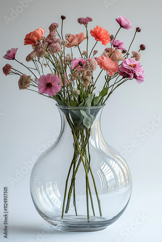 Photographie studio d'un vase en verre transparent au design simple et épuré, parfait pour des fleurs, sur fond blanc photo