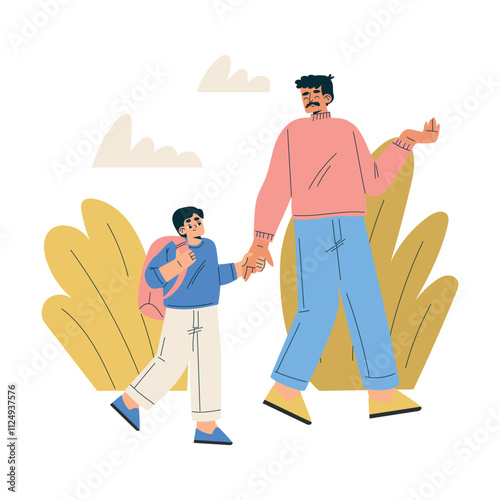 Boy Schoolkid Character Going to School with Dad Vector Illustration