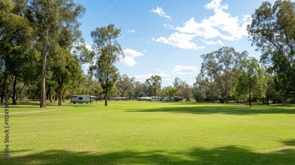 Scenic Open Green Field with Clear Blue Sky and Trees in Background Scenic Open Green Field with Clear Blue Sky and Trees in Background