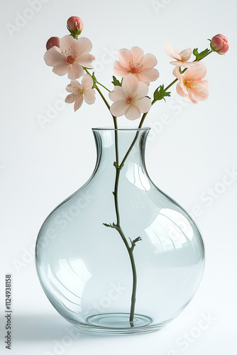 Photographie studio d'un vase en verre transparent au design simple et épuré, parfait pour des fleurs, sur fond blanc photo