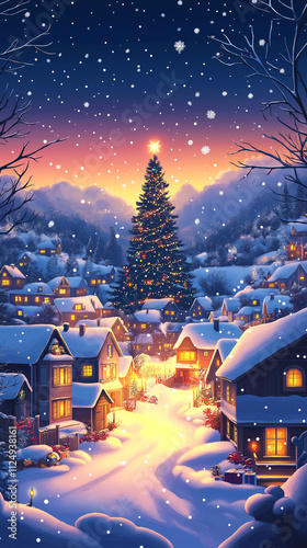 Illistration of snowy winter village scene featuring charming houses adorned with Christmas lights and decorations. Towering Christmas tree stands proudly in the center, perfect for holiday design