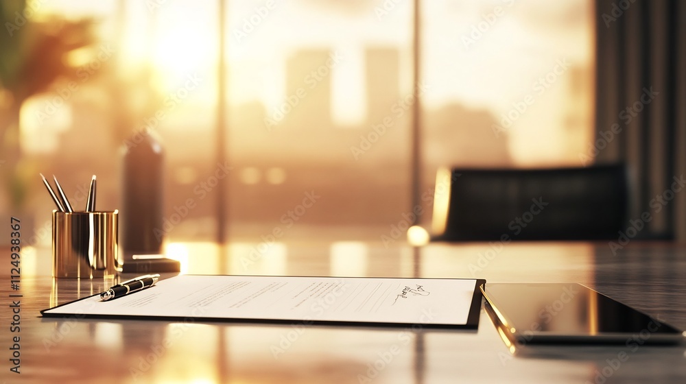 Organized office desk with digital tablet,paperwork,and stationery in clean business setting Organized office desk with digital tablet,paperwork,and stationery in clean business setting