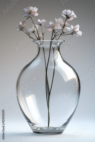 Photographie studio d'un vase en verre transparent au design simple et épuré, parfait pour des fleurs, sur fond blanc photo