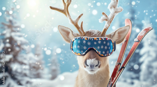 Lustige Weihnachtskarte Motiv Weihnachten mit Tier Skibrille Eisbär, Fuchs, Rehntier, Elch, Pinguin cool mit Platz für Text isoliert Generative AI