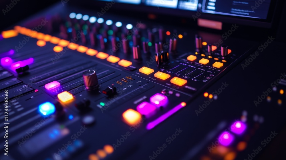 Live music production event studio audio equipment nighttime close-up view sound engineering techniques Live music production event studio audio equipment nighttime close-up view sound engineering techniques